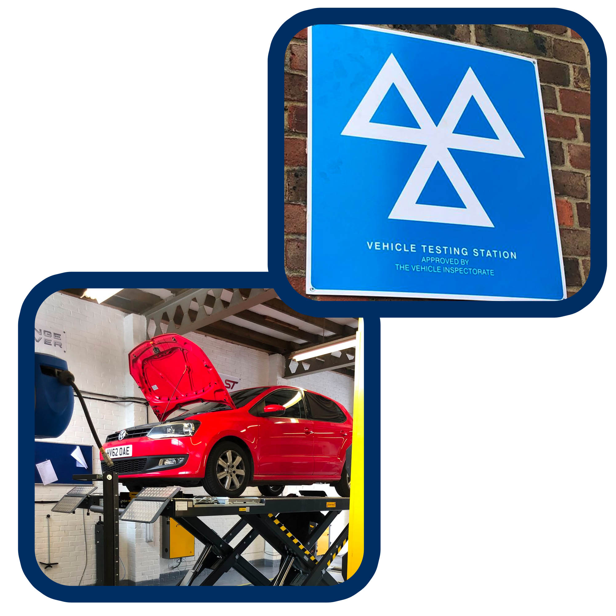 MOT sign stating Vehicle Testing Centre approved by the Vehicle Inspectorate and image of a car on MOT ramp.